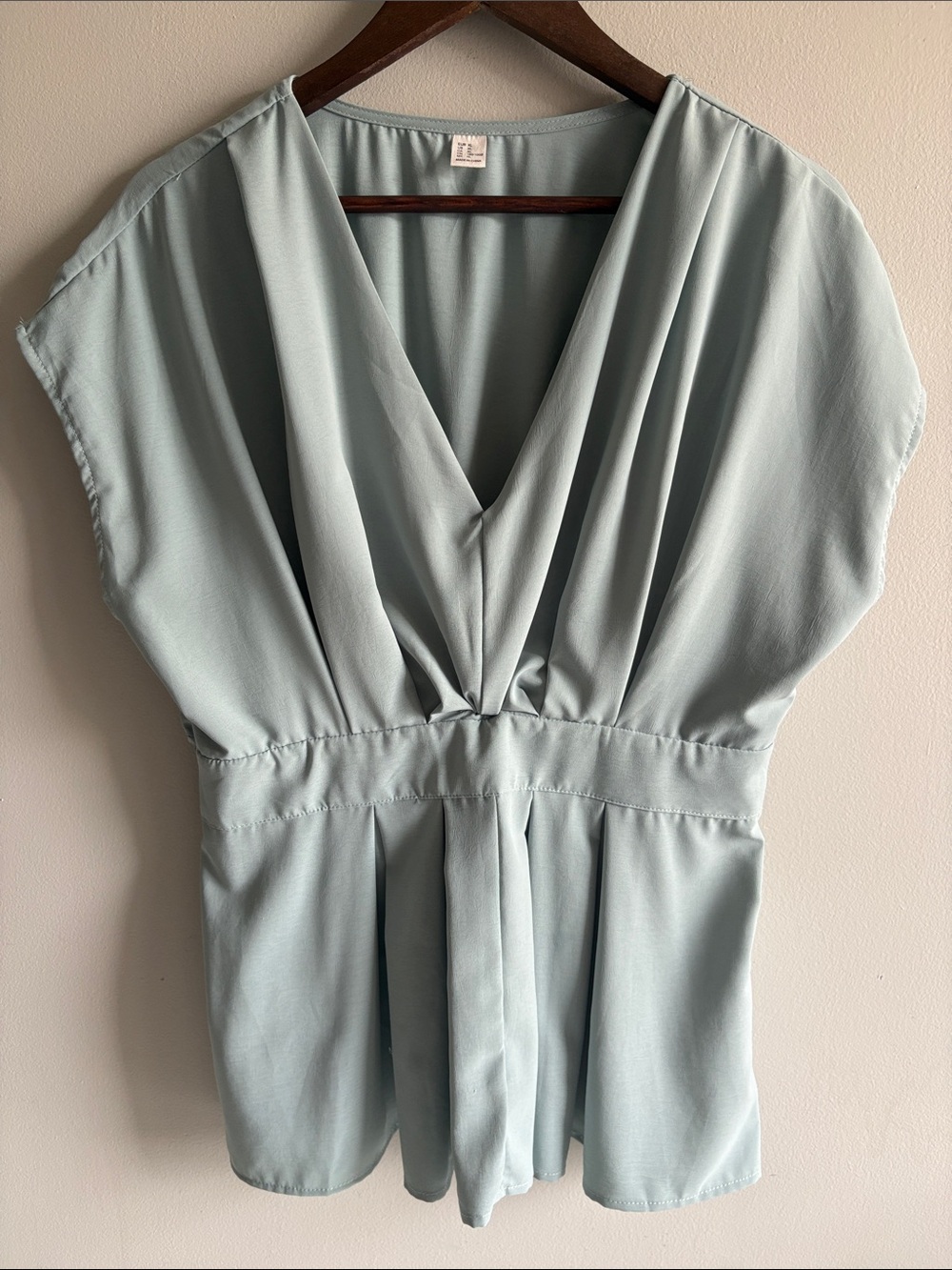 Light Blue Pleated V Neck Peplum Blouse XL
